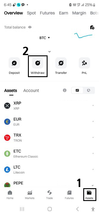 비트겟 출금 메뉴는 Assets 클릭 후 Withdraw입니다.