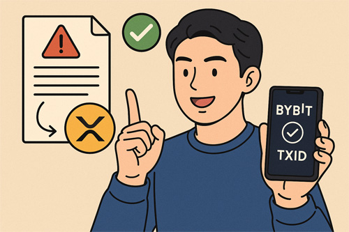 바이비트 오입금 문제를 해결하는 모습의 일러스트 — 남성이 스마트폰 화면에서 BYBIT TXID를 확인하며 문제 해결을 설명하는 장면