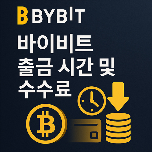 바이비트 출금 시간과 수수료 정보를 나타내는 이미지, 비트코인 아이콘과 시계, 화살표, 카드 심볼 포함