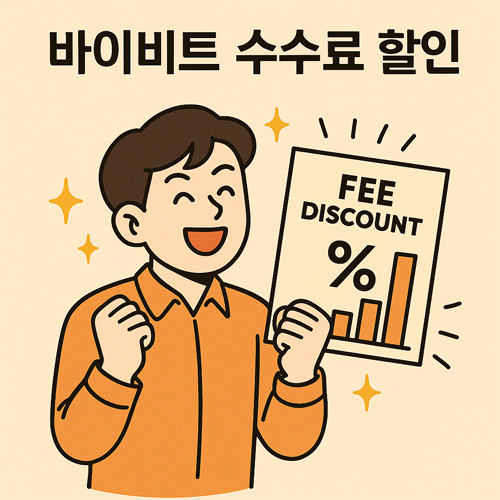 바이비트 수수료 할인을 받아 기뻐하는 투자자가 만화 스타일로 표현된 이미지