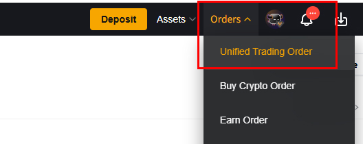 바이비트 홈페이지 메뉴에서 Orders 버튼을 클릭해 Unified Trading Order로 이동하는 화면