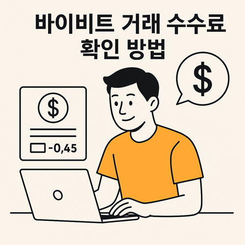 바이비트 거래 수수료 확인 방법을 설명하는 일러스트로, 노트북을 보고 있는 남성과 수수료 금액 아이콘이 함께 표현된 이미지