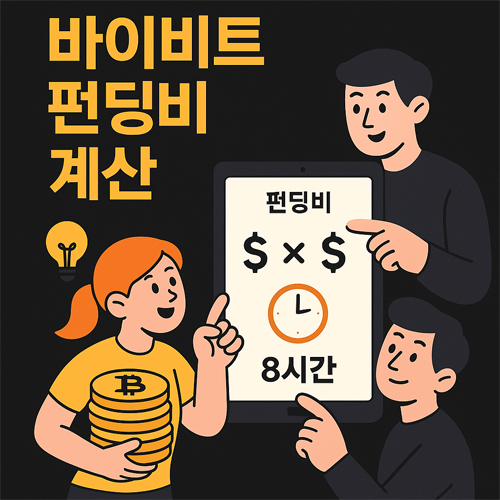 바이비트 펀딩비 계산 과정을 만화 형식으로 설명한 디지털 일러스트