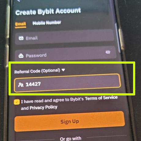 바이비트 회원가입 시 추천코드 입력 화면, Referral Code 14427 표시