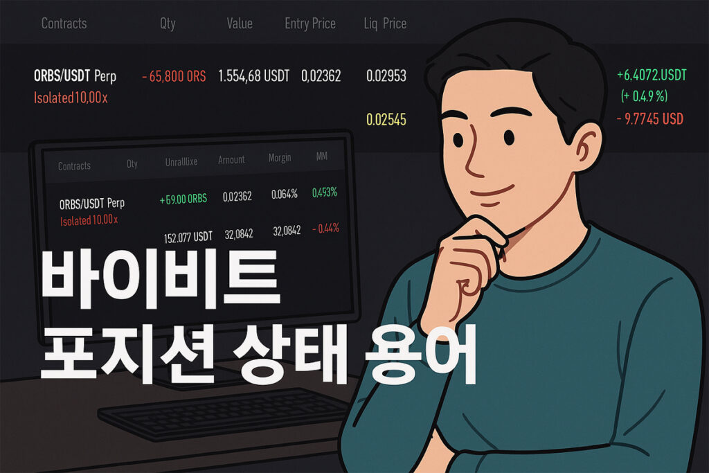 바이비트 포지션 상태 용어를 이해하는 남성이 선물 거래 창을 바라보는 일러스트
