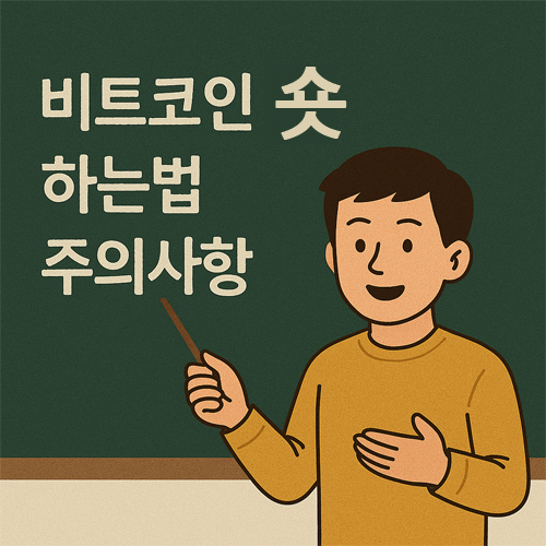 칠판 앞에서 "비트코인 숏 하는법 주의사항"을 설명하는 남성이 등장하는 일러스트 이미지