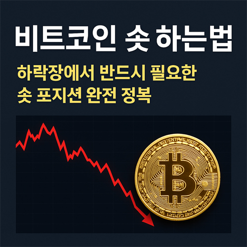 비트코인 숏 하는법을 설명하는 이미지. 하락 그래프와 금색 비트코인 아이콘이 함께 배치됨.