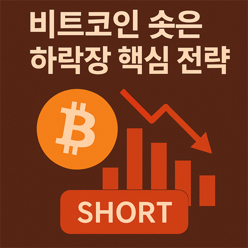 비트코인 아이콘과 하락 그래프, SHORT 버튼이 포함된 ‘비트코인 숏은 하락장 핵심 전략’ 이미지