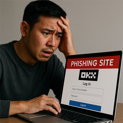 OKX 피싱 사이트에 로그인하려다 사기 피해를 직감한 남성의 모습. 노트북 화면에 'PHISHING SITE' 경고 문구가 표시됨.