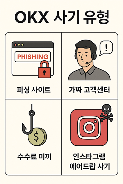 OKX 사기 유형 4가지(피싱 사이트, 가짜 고객센터, 수수료 미끼, 인스타그램 에어드랍 사기)를 아이콘과 함께 시각적으로 정리한 인포그래픽.
