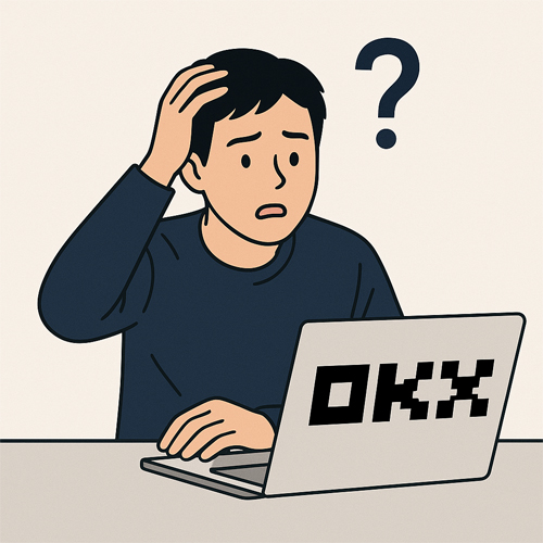 노트북 앞에서 혼란스러워하는 남성이 OKX 로고가 있는 노트북을 보며 레퍼럴 코드 입력을 깜빡한 상