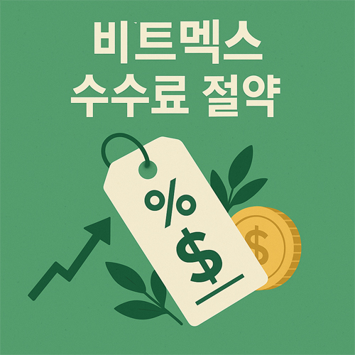 비트멕스 수수료 절약을 상징하는 초록색 할인 태그 이미지, 코인과 화살표 포함