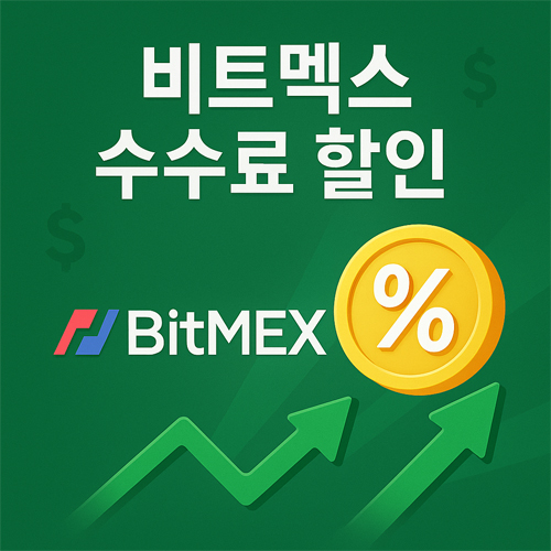 비트멕스 수수료 할인 안내 배너 이미지, 초록 배경에 상승 화살표와 할인 퍼센트 아이콘 포함