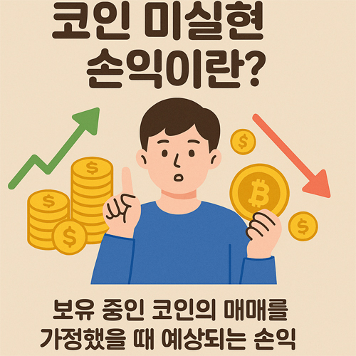 코인 미실현 손익이란? 비트코인을 들고 있는 남성이 상승·하락 화살표와 금화 아이콘 옆에 서 있으며, 하단에는 "보유 중인 코인의 매매를 가정했을 때 예상되는 손익"이라는 설명이 적혀 있다.