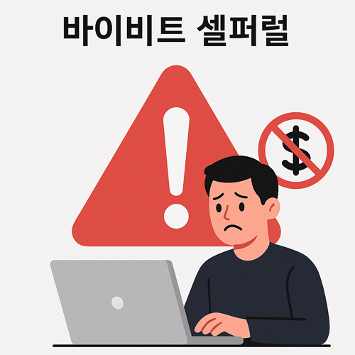 바이비트 셀퍼럴 경고를 나타내는 일러스트 — 노트북 앞에서 걱정하는 사람과 빨간색 경고 표시, 금지 기호가 함께 있는 장면