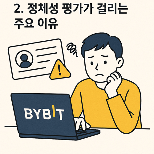 Bybit 정체성 평가 지연으로 고민하는 남성이 노트북 앞에 앉아 있는 일러스트