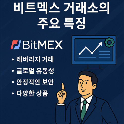 BITMEX의 주요 특징을 소개하는 전문적인 디지털 일러스트 이미지