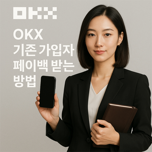 OKX 기존 가입자가 페이백 받는 방법을 안내하는 세련된 프로모션 이미지, 스마트폰과 포트폴리오를 든 여성