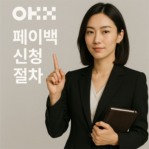 OKX 페이백 신청 절차를 설명하는 세련된 프로모션 이미지, 블랙 블레이저를 입은 여성이 손가락으로 절차를 안내하는 모습