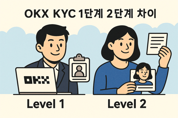 남성과 여성이 각각 OKX KYC 1단계와 2단계 인증을 수행하고 있는 모습을 담은 일러스트 – 신분증과 얼굴 인증, 주소 증명 문서를 들고 있음
