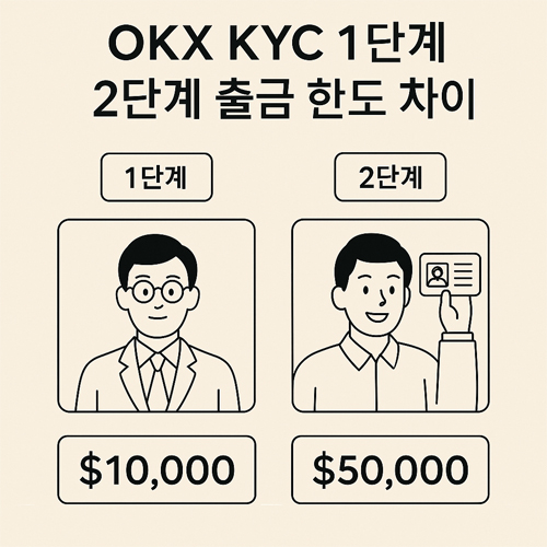남성과 여성이 각각 OKX KYC 1단계와 2단계 인증을 수행하고 있는 모습을 담은 일러스트 – 신분증과 얼굴 인증, 주소 증명 문서를 들고 있음