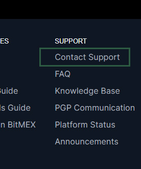 비트멕스 고객센터 메뉴 화면, Contact Support 항목 강조