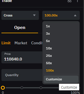 바이비트 선물 거래창에서 레버리지 배율 선택 메뉴 화면, 1x부터 100x까지 설정 가능 제목 (title): 바이비트 레버리지 설정 화면