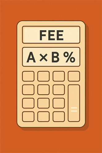 바이비트 수수료 계산기를 상징하는 인포그래픽. 계산기 화면에 ‘FEE’와 ‘A × B%’ 공식이 표시된 디자인.