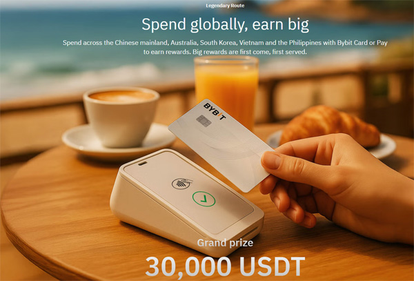 바이비트 카드 이벤트 이미지, Bybit 카드로 해외 결제하는 장면, 3만 USDT 리워드 프로모션