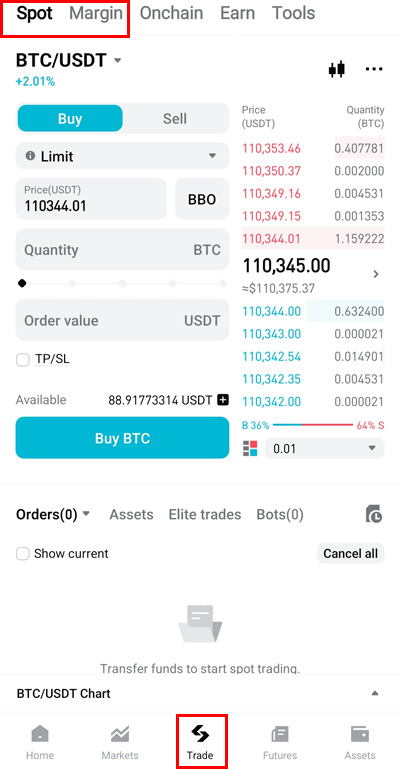 비트겟 모바일 앱에서 Spot 거래 화면을 보여주는 장면