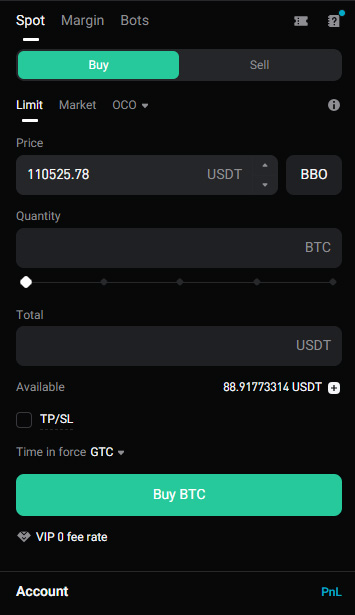 비트겟 현물거래 주문 창에서 비트코인을 매수하는 화면