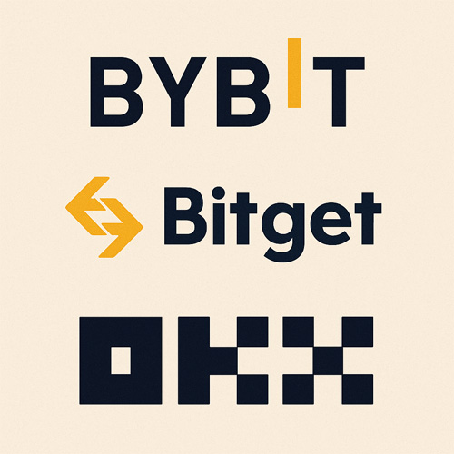 바이비트, 비트겟, OKX 로고를 나란히 배치한 일러스트 이미지