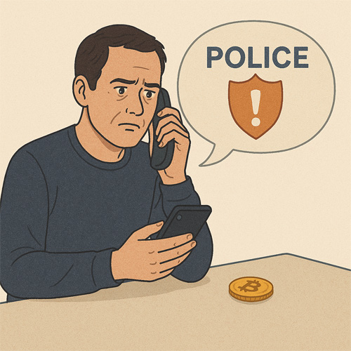 코인 사기 피해 후 경찰에 신고하는 남성의 일러스트