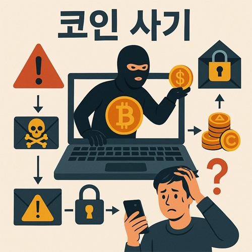 코인 사기를 상징하는 일러스트 — 노트북 화면 속 비트코인 도둑이 투자자를 속이는 장면