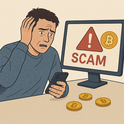 코인 사기 피해로 당황한 남성이 휴대폰을 바라보는 장면 일러스트
