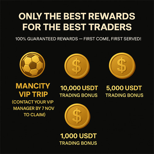 OKX 리워드 프로모션 이미지로, 맨시티 VIP 트립과 10,000·5,000·1,000 USDT 트레이딩 보너스가 금색 아이콘으로 표시되어 있음