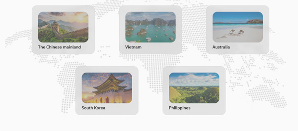 바이비트 카드 이벤트 참여 국가 지도, 중국 본토·호주·한국·베트남·필리핀 표시 이미지