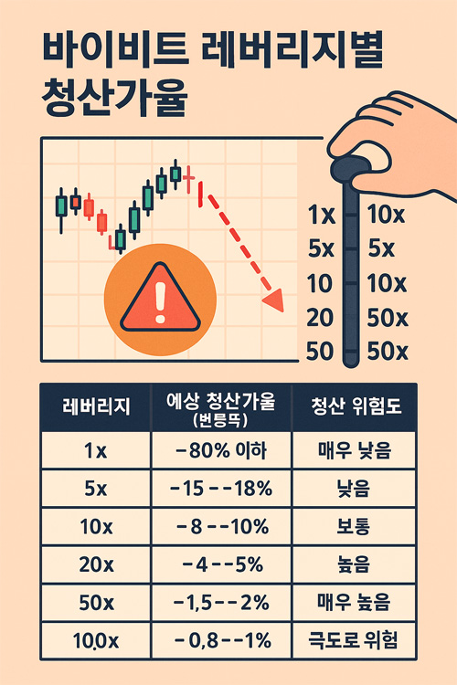 바이비트 레버리지별 청산가율을 표와 차트로 설명한 인포그래픽 이미지