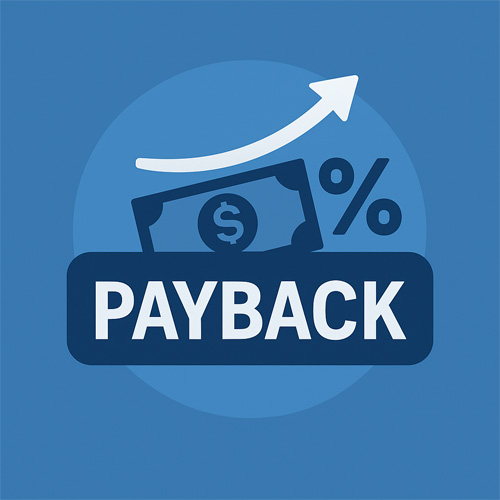페이백 개념을 상징하는 파란색 톤의 벡터 그래픽 이미지로, 지폐 아이콘과 상승 화살표, 퍼센트 기호가 함께 배치된 디자인